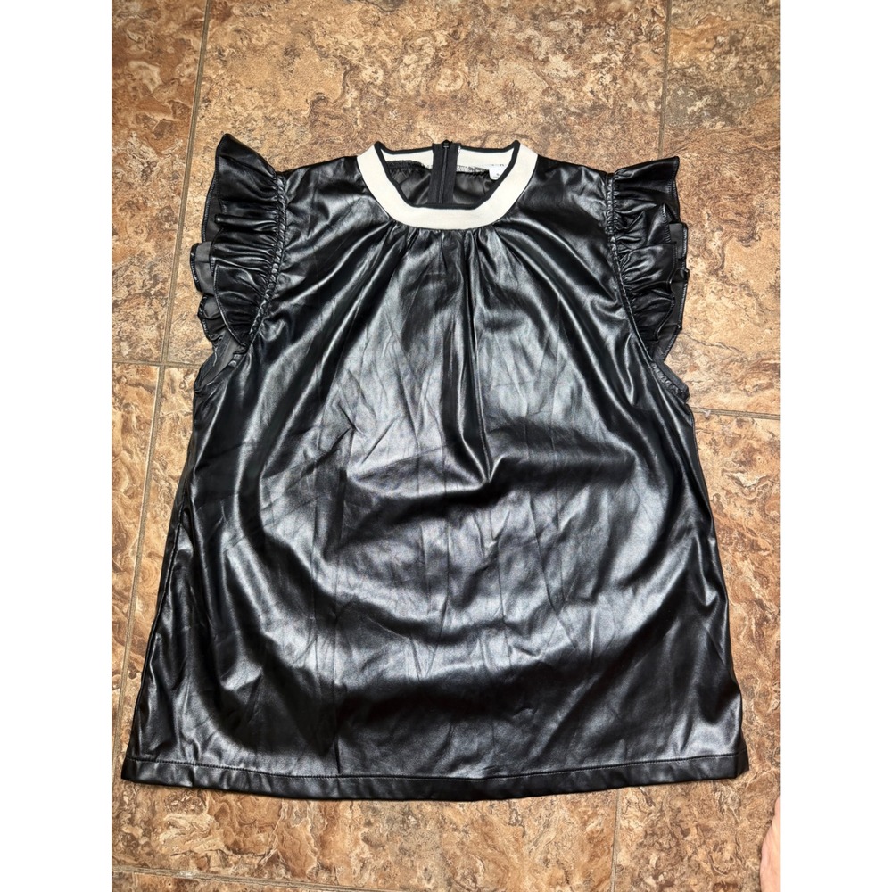 THML Black Faux Leather Ruffle Cap Sleeve Top White Ribbed Trim S THS0884-3-BK